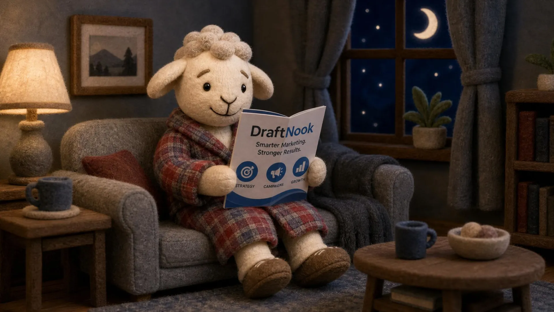 Lamb relaxing and reading DraftNook marketing material